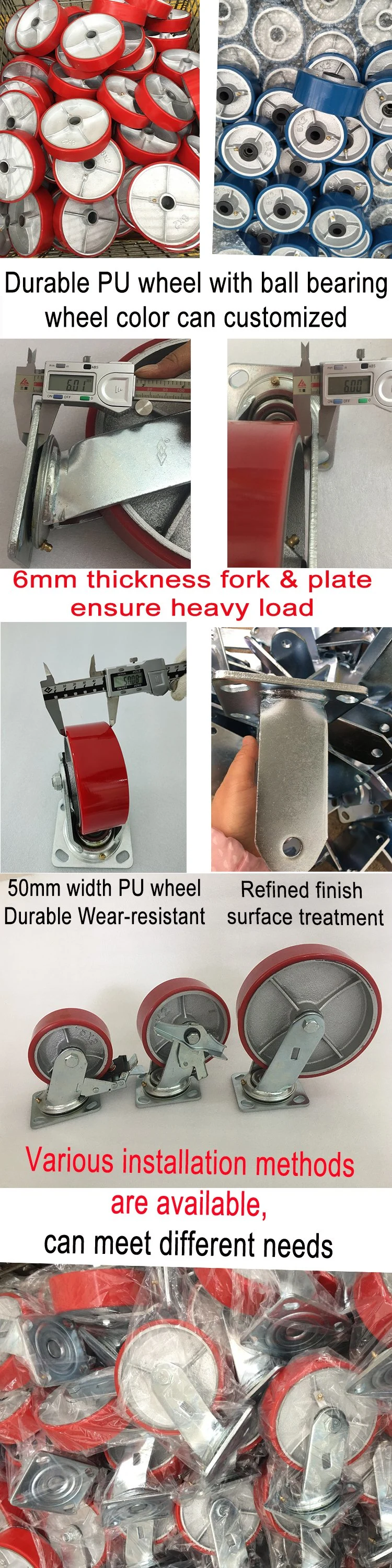 100 125 150 200mm Ruedus Swivel Red PU Iron Core Heavy Duty Caster with Brake